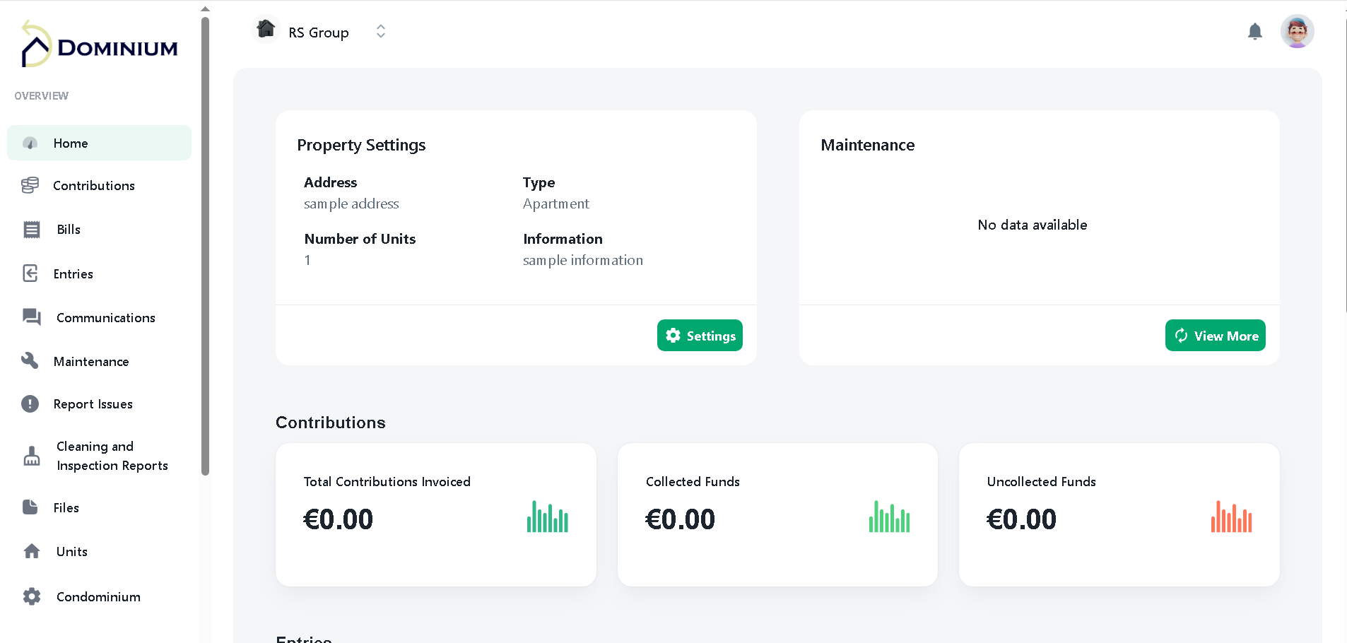 Dominium condominium management dashboard — Malta